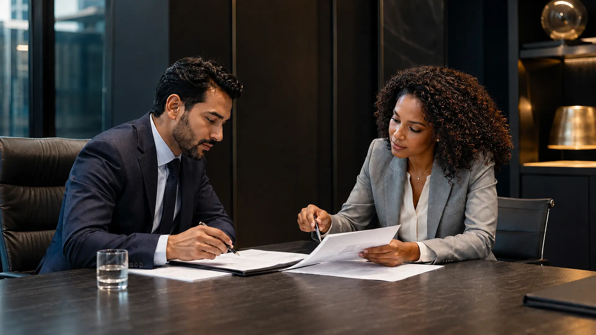 Legal advisor and client reviewing documents